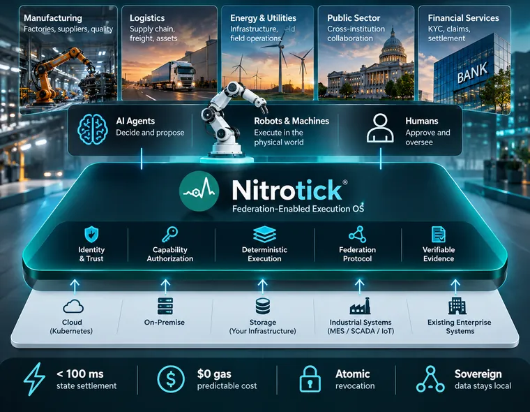 Nitrotick Federation-Enabled Execution OS architecture: AI agents decide and propose, robots and machines execute, humans approve and oversee. Nitrotick provides identity and trust, capability authorization, deterministic execution, the federation protocol and verifiable evidence on cloud, on-premise, industrial and enterprise systems.